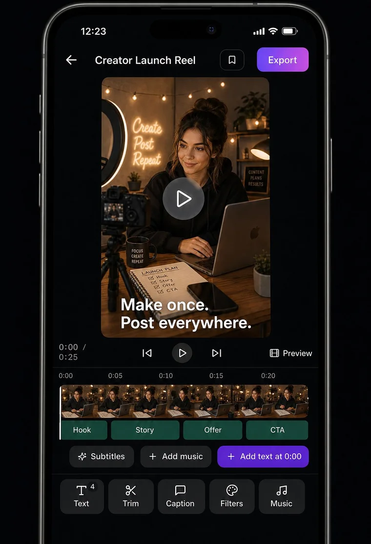 The Mediatician editor on a phone: a clip on the timeline, with Hook, Story, Offer and CTA segments and buttons for subtitles, music and text.
